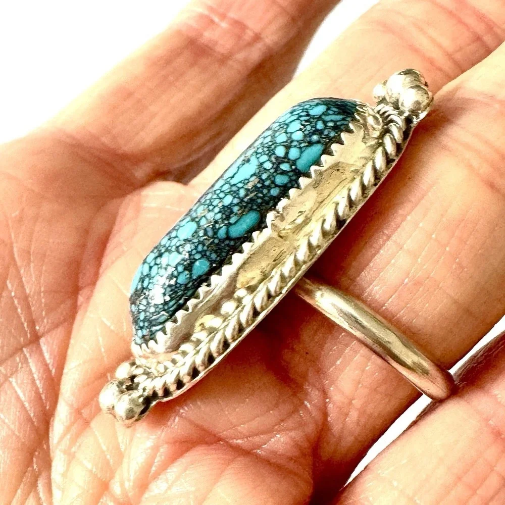 Navajo Spiderweb Turquoise Ring Sz 8.5 Long Sterling Native American Unique
